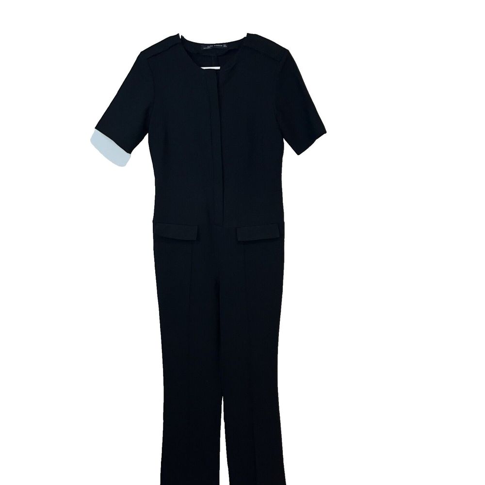 Zara Woman Romper Straight Leg Front Zipper Short Sleeves Small Black Jumpsuit